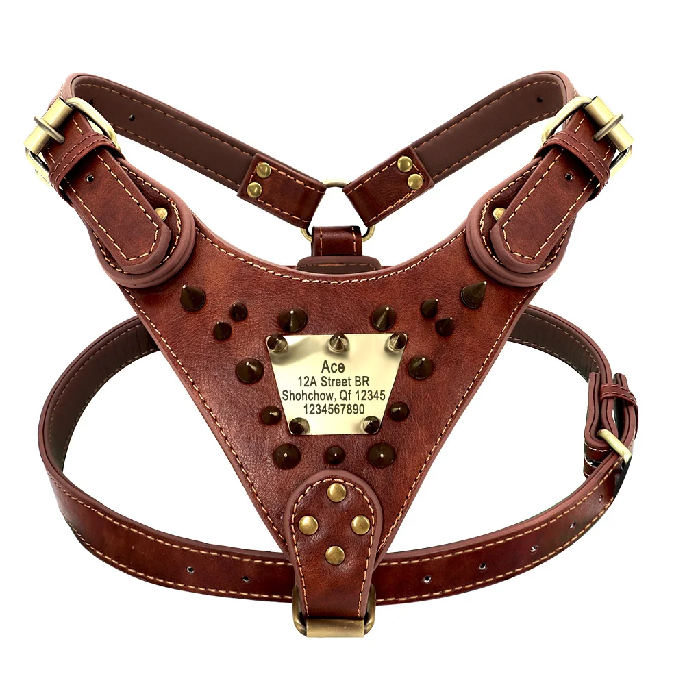 Personalized Leather Dog Harness Sharp Spiked Studded Dog Harness Custom ID Tag Harnesses Pet Vest For Pitbull Boxer Mastiff