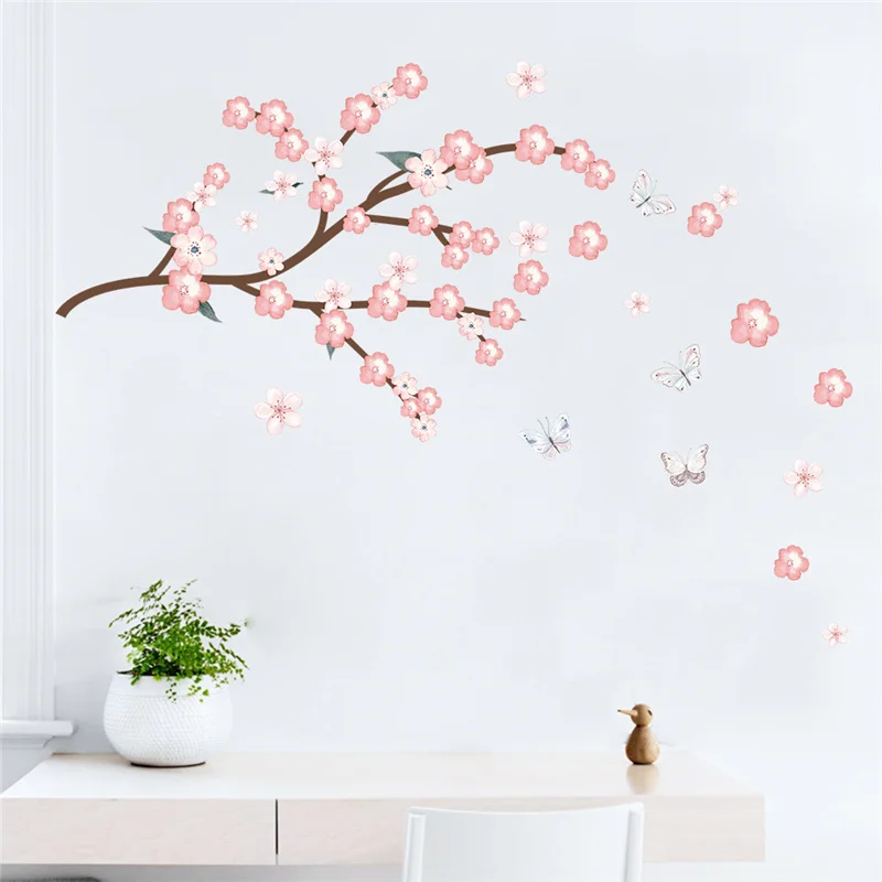 

Pink Sakura Tree Branch Flowers Wall Stickers For Shop Office Livingroom Home Decoration Diy Pastoral Mural Art Pvc Decal Poster