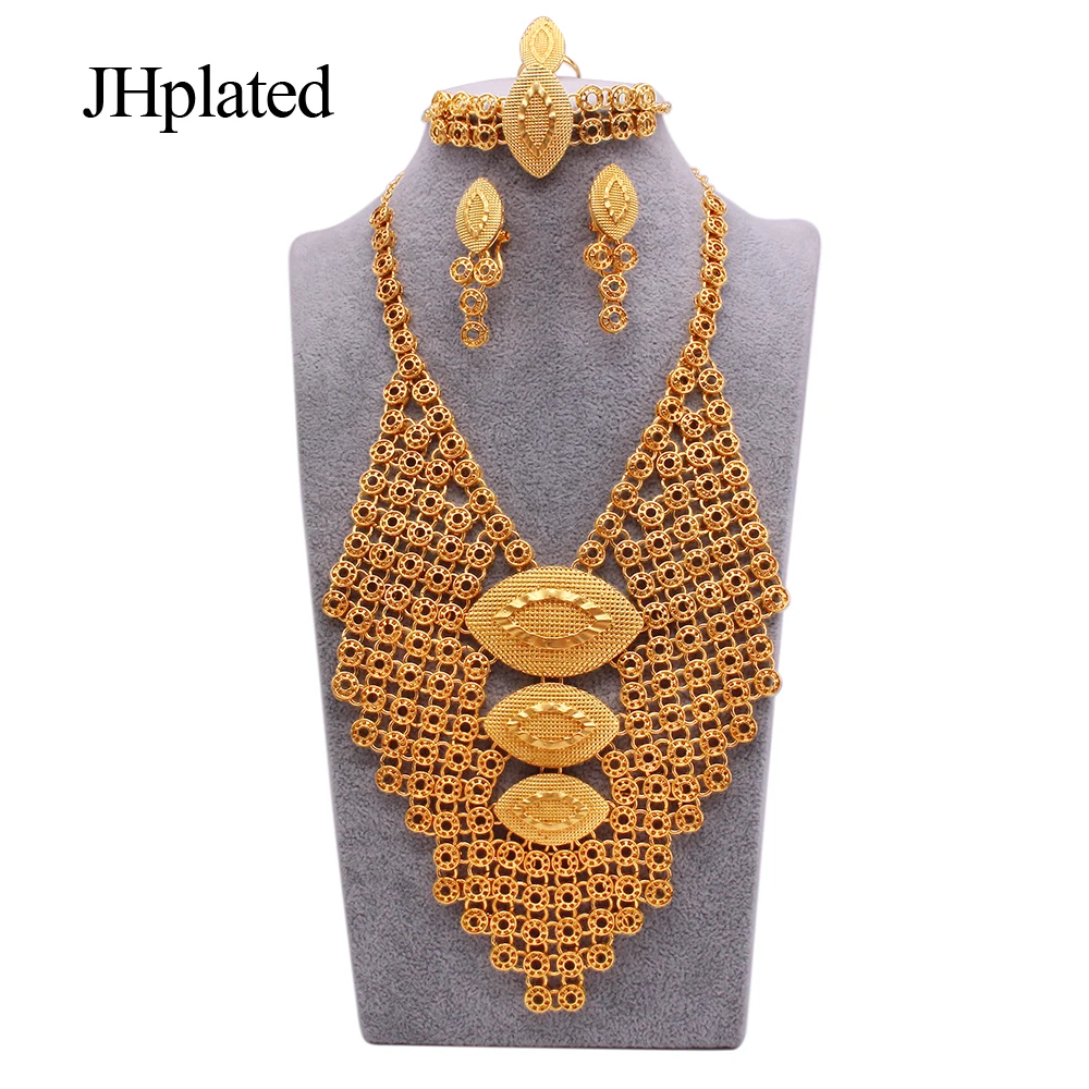 

Indian gold plated filled big necklaces earrings bracelets jewelry set bridal gifts Necklace ring jewellery sets for women