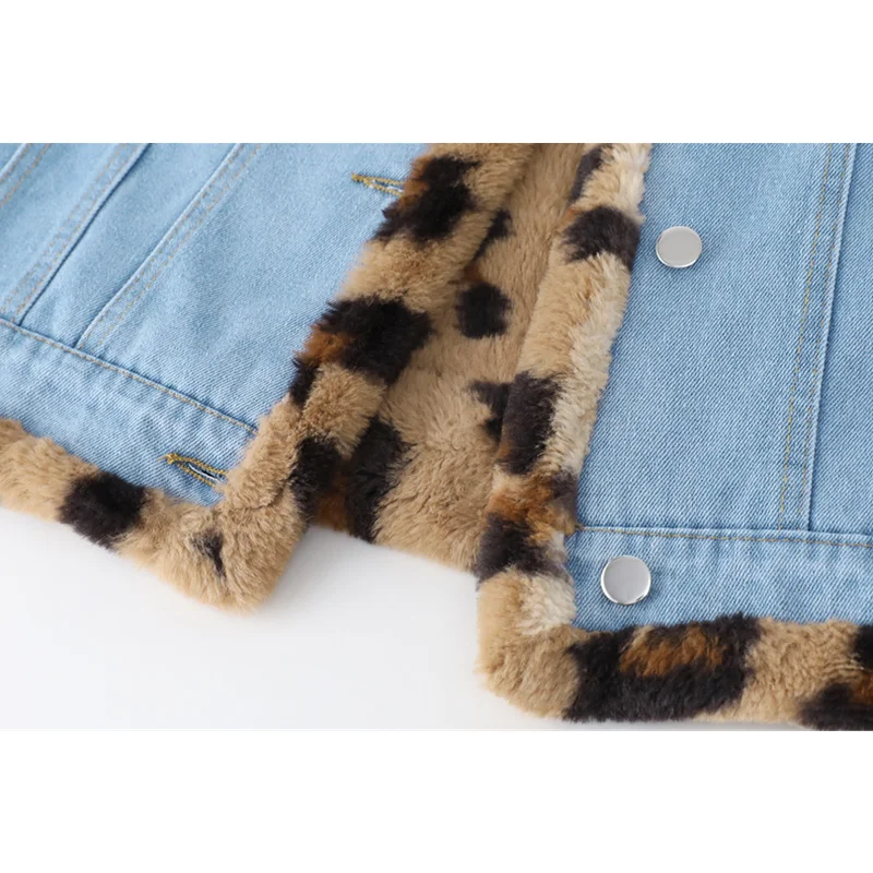 Women\'s Lamb Wool Denim Jackets Winter Long Sleeves Streetwear Chic Design Leopard Print Fashion Casual Baggy Jean Jackets Coat