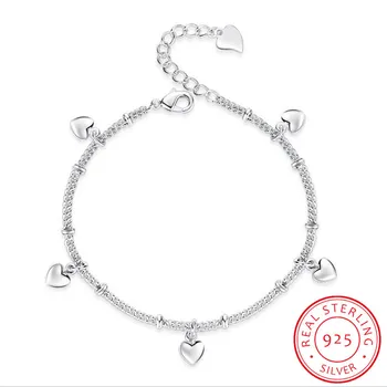Pulseras de plata de ley 925 para mujer, pulsera de cadena de plata con dije de corazón de cinco amor, regalo de boda, joyería fina de la suerte