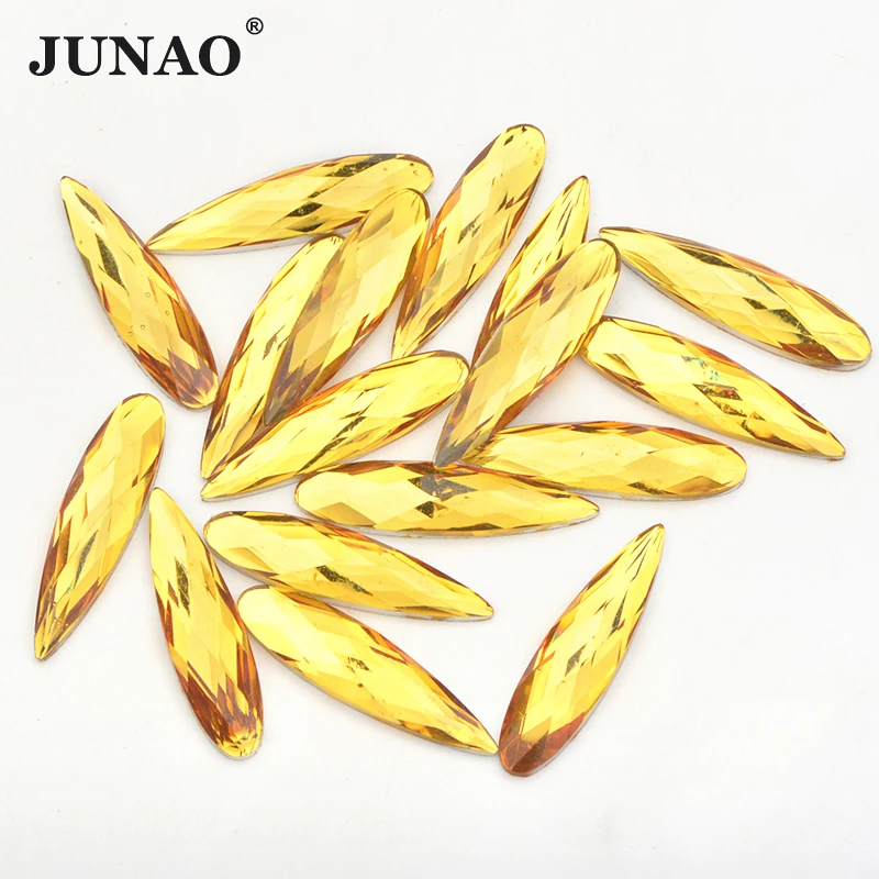 JUNAO 20pcs 9x36mm Large Size Topaz Color Teardrop Rhinestone Applique Glitter Acrylic Stones Flatback Glue On Crystal Strass