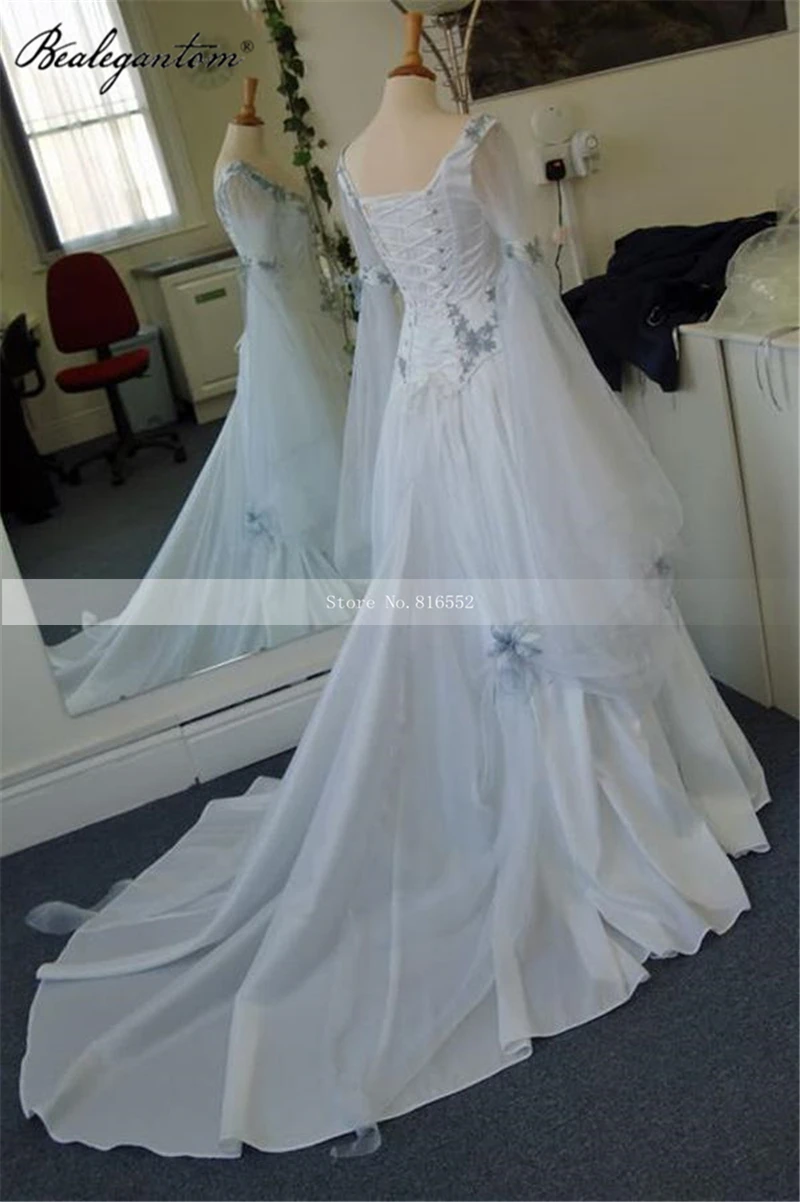 Vintage Celtic Wedding Dresses White and Pale Blue Colorful Medieval Bridal Gowns Scoop Corset Long Bell Sleeves Flowers QA418