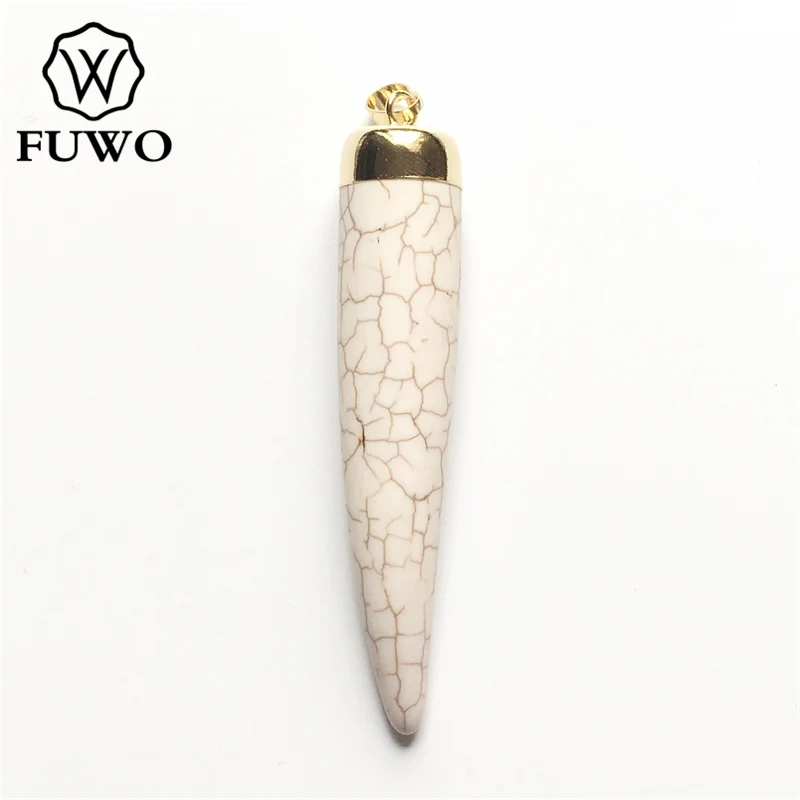 FUWO Wholeasale White Howlite Pendant,Golden Plated Reiki Stone Long Horn Charm Jewelry For Necklace Making 5Pcs/Lot PD291