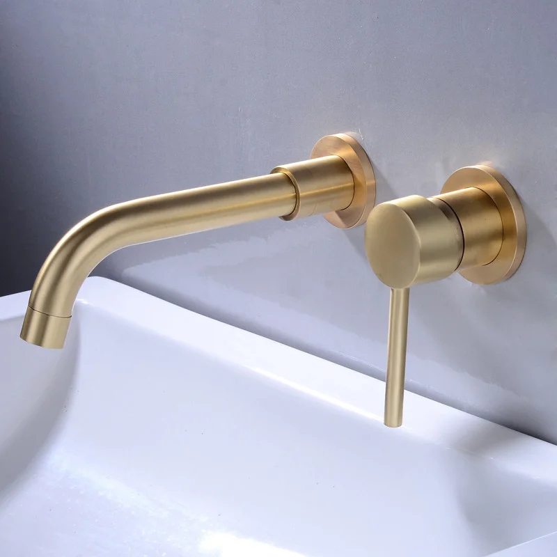 Brushed Gold Bathroom Basin Faucet Soild Brass Sink Mixer Hot & Cold In-Wall Single Handle 2 Holes Lavatory Crane Taps Black