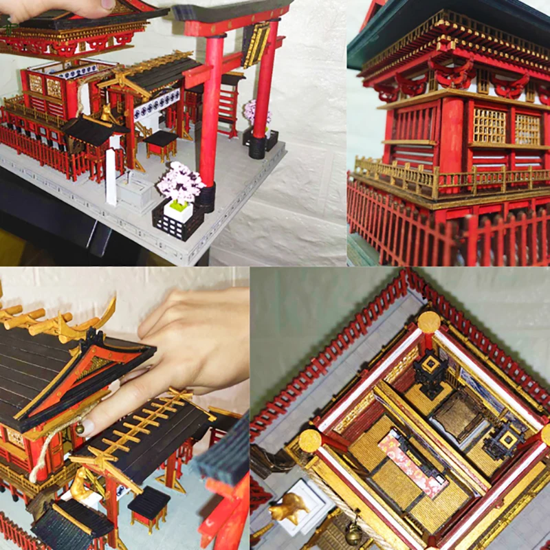 Japanese Building Shrine of The Kami Inari Model Wooden Dollhouse DIY Miniature Kit with Furniture Doll House Toys Adults Gifts