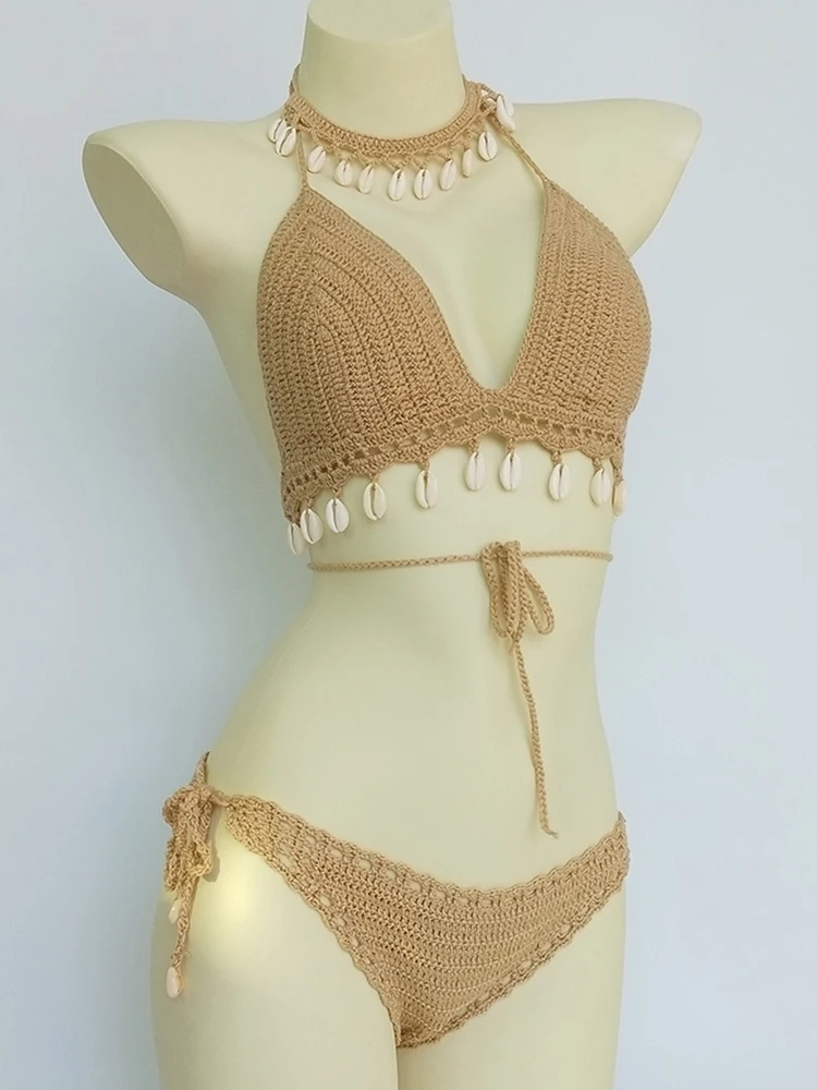 3-częściowy zestaw bikini Woman Crochet Shell Tassel Bikini Top i Seashell Ankle Chain Sexy Thong Hollow-out Low Waist Bikini Bottom — zdjęcie 2