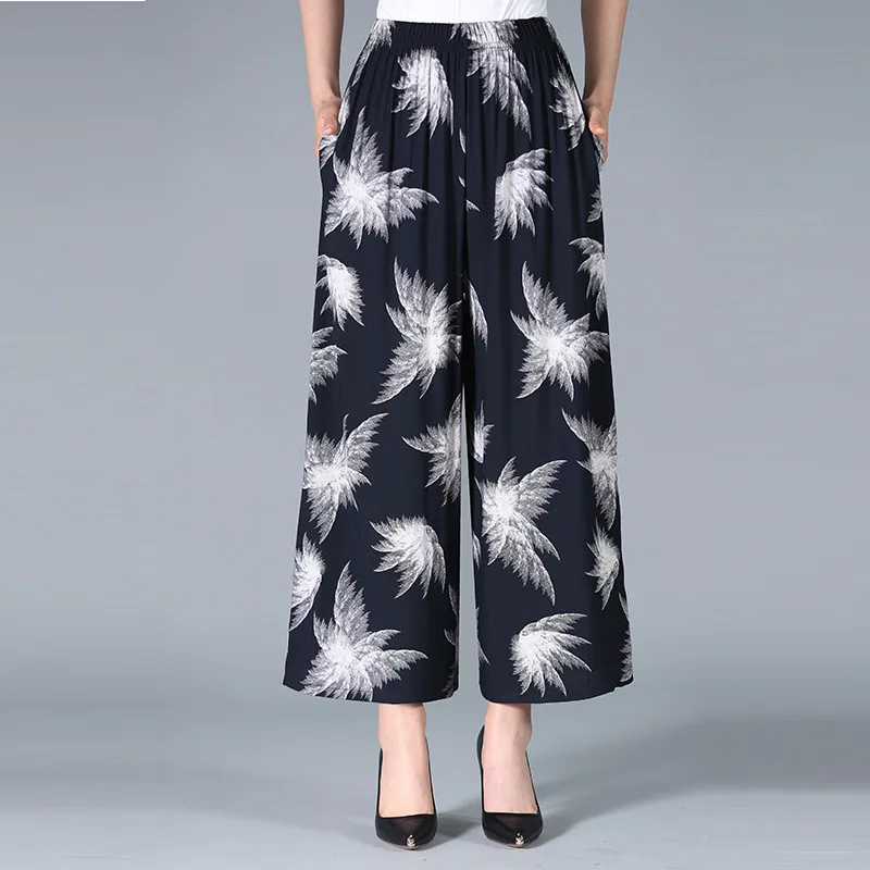 UHYTGF Mother Summer Pants Fashion Print Cotton Silk Comfort Big Size Trouser Women Elastic High Waist Thin Wide Leg Pants 2158