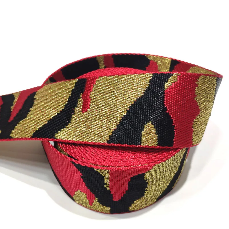 2 Inch 5cm New Design High Quality Jacquard Webbing Belt Camouflage  Nylon Tape Red/Black With Gold Line