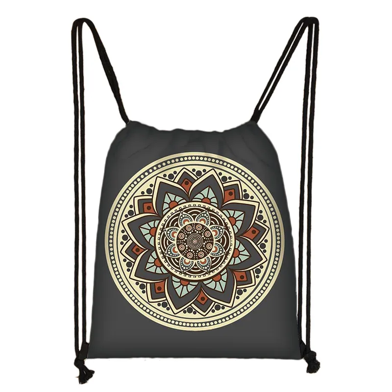 Mandala Floral Printing Drawstring Bag Women Like Mandala Backpack Travel Shopping Portable Foldable Storage Bag