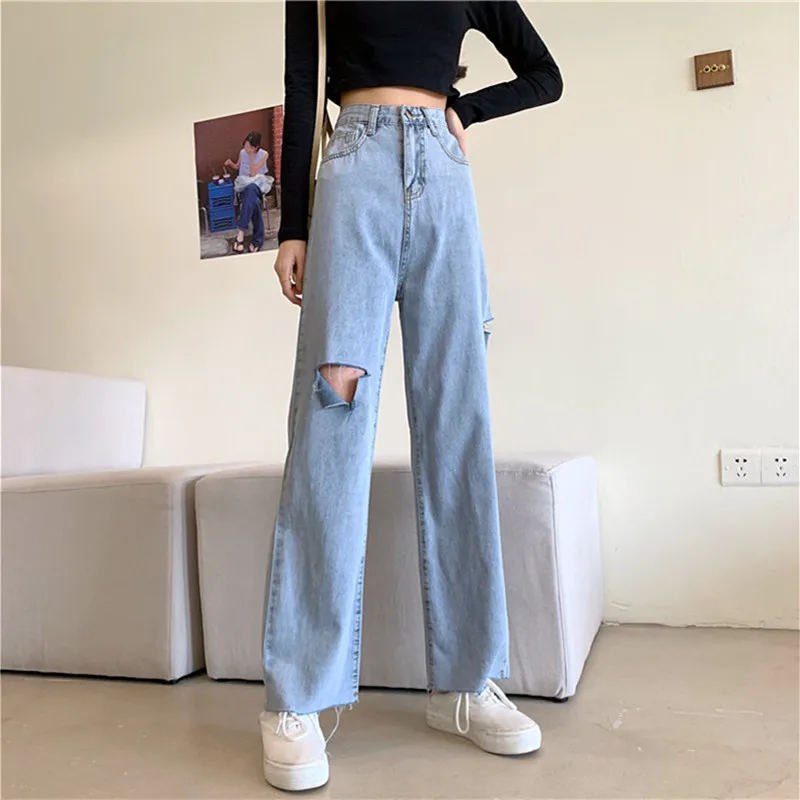 

Woman Jeans Ripped High Waist Clothes Wide Leg Denim Clothing Streetwear Vintage Quality Nice Vogue Harajuku Straight Pants