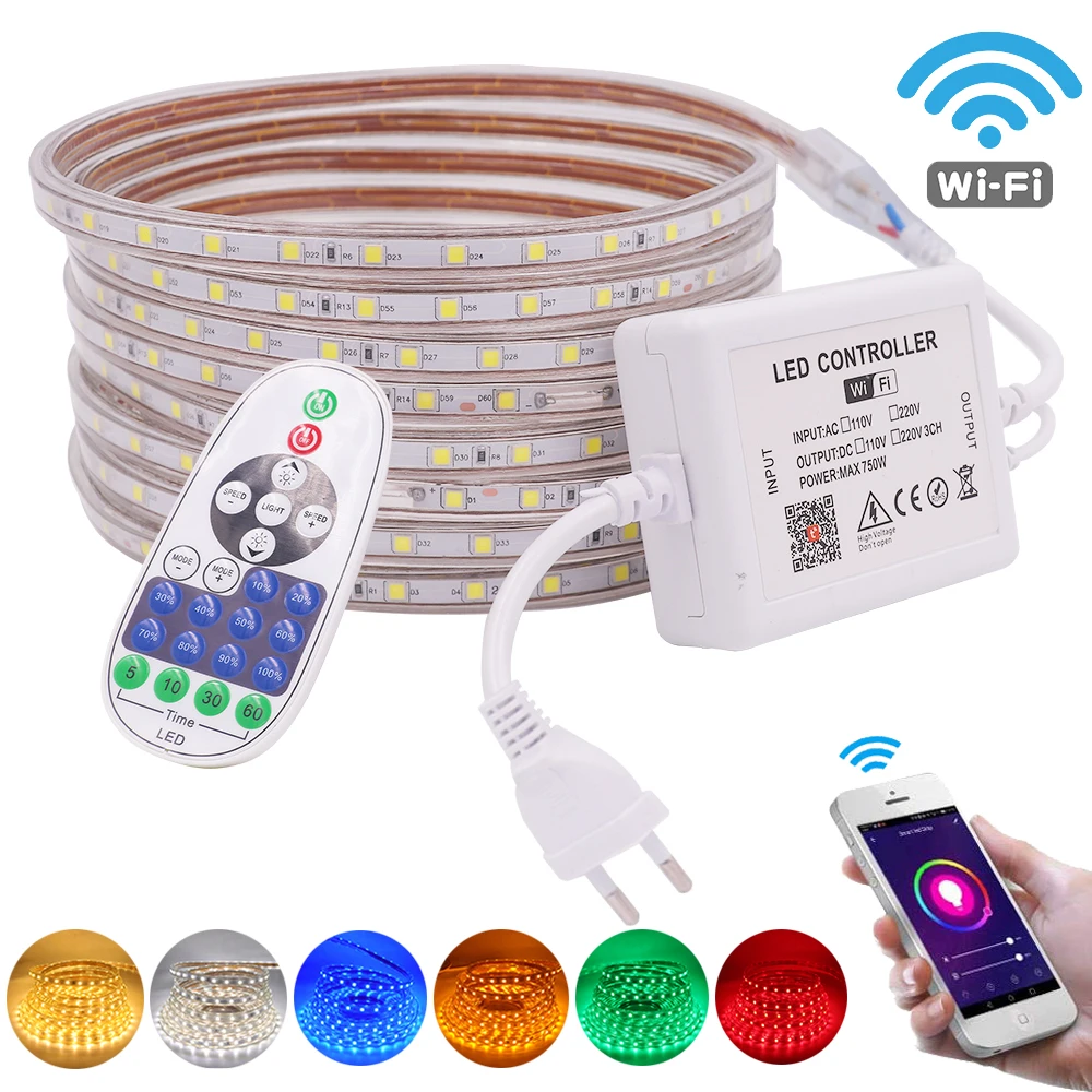 

WiFi Tuya Smart LED Strip AC220V 110V Flexible LED Tape Ribbon SMD5050 60LEDs/M Waterproof Rope Light White Warm Blue Red Yellow