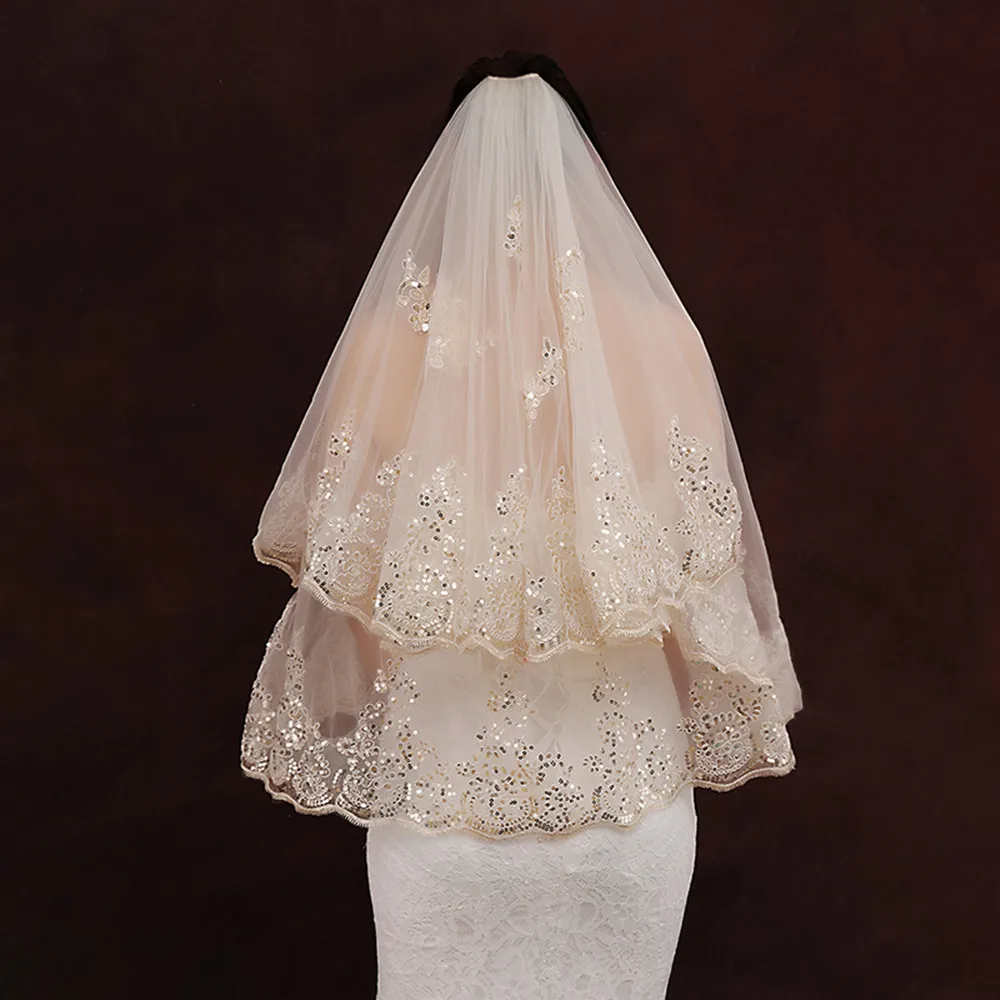 Velo de novia corto de tul champán, 2 capas, Eldow, apliques de lentejuelas, borde de encaje con peine, accesorios nupciales