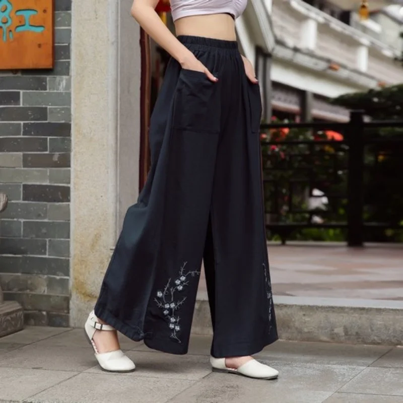 Embroidery Vintage Female Pants Elastic High Waist Trousers Casual Loose Cotton Linen Wide Legged Pants Fashion Women Sweatpants