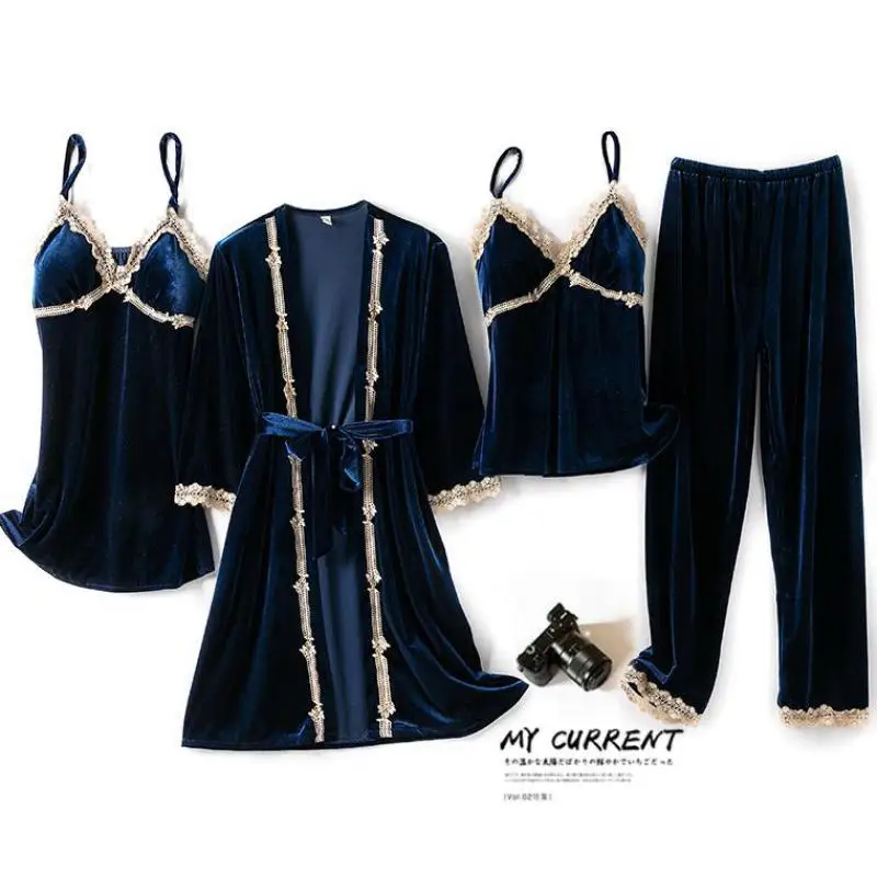 

Pajamas Suit Women Velour Sleep Set 4PCS Kimono Robe Sexy Lace Trim Nightwear Intimate Lingerie Velvet Home Wear Sleepwear