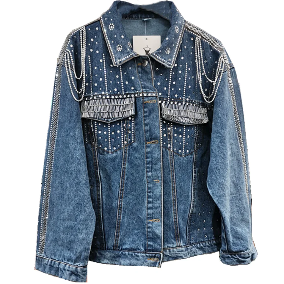 

New fashion heavy industry beaded diamond denim jacket women chain straight loose jeans coat