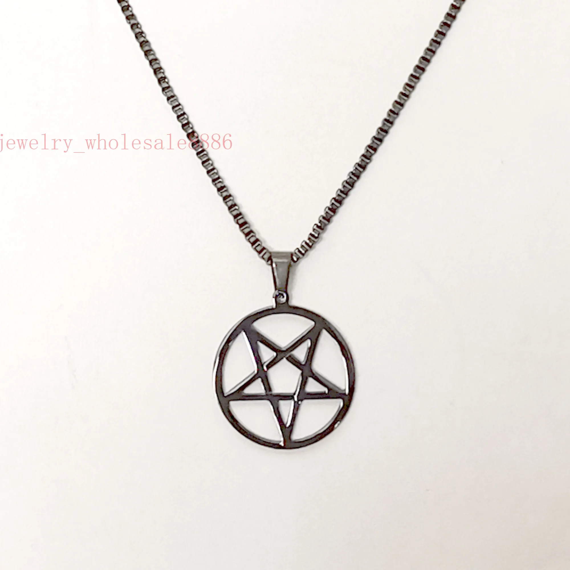 GNAYY  black Stainless Steel Pagan Wicca Inverted Star Pentagram Pendant Necklace box Chain 24inch choose  2.4mm