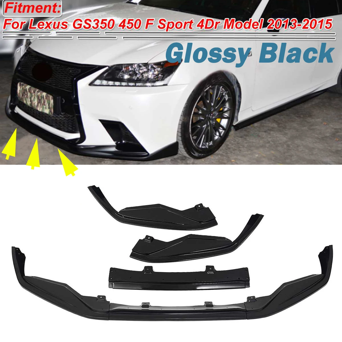 

3PCS Car Front Bumper Splitter Lip Spoiler Cover Trim Guard For Lexus GS350 GS450 F Sport 4Dr Model 2013 2014 2015 Glossy Black