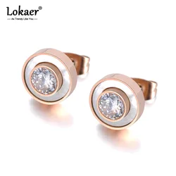 Lokaer Trendy Stainless Steel White Shell Stud Earrings Jewelry For Women Rose Gold Plated CZ Crystal Anniversary Earring E19029