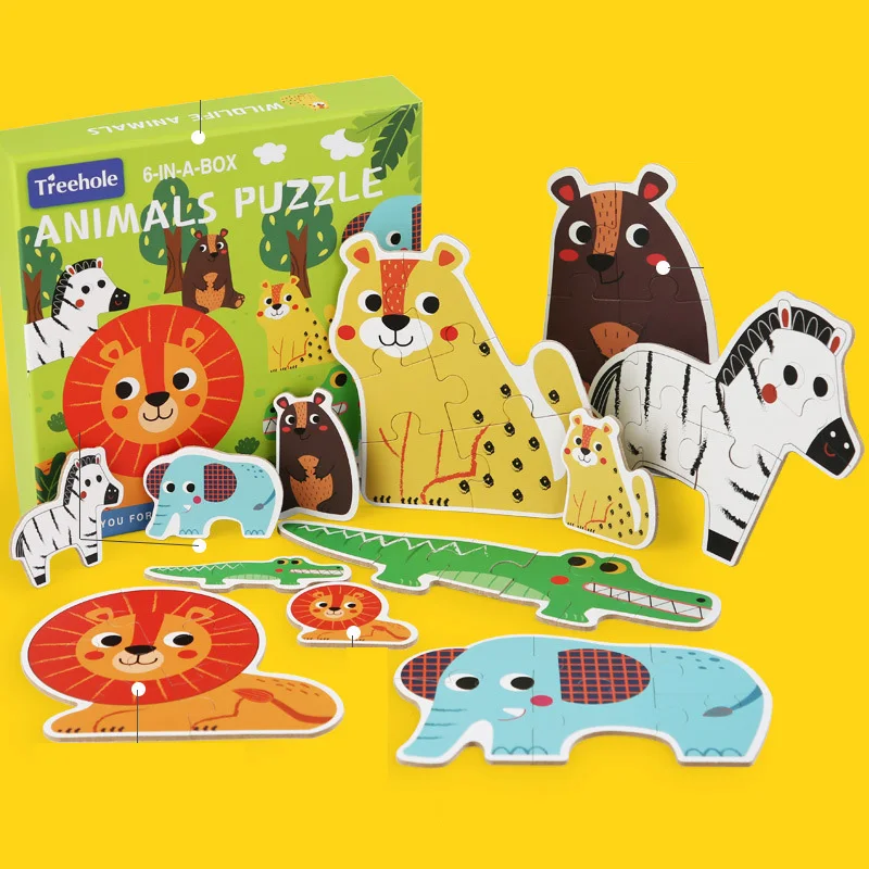 Baby Children Animal Traffic Character Six In One Wooden Puzzle for Kids Toy Gift Cartoon Animal Puzzles Early Educational Toys