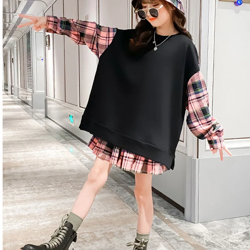 2021 Autumn New Girls Big Kids Dresses Teenager Fashion Suit Korean Denim Sweatshirt +Skirt Casual Clothing 4 5 7 9 11 13Y +Hat