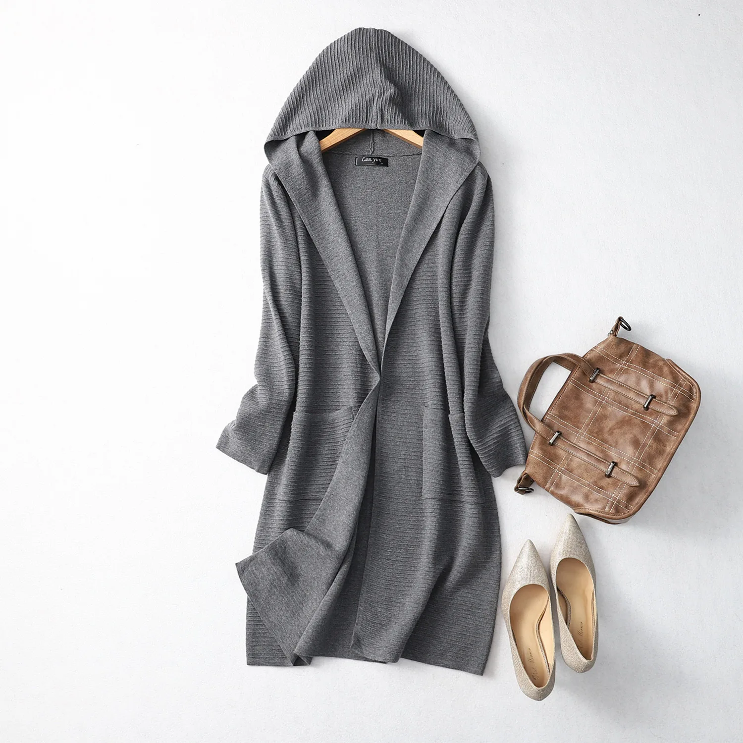 Women\'s Real Silk Cashmere Blend Hoodie Neck Long Sleeve With Pockets Long Type Cardigan Sweater Dress Top Shirt LY014