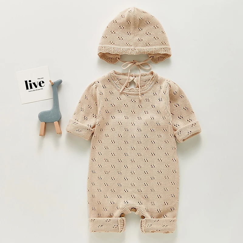 Newborn Baby Rompers Hats Clothes Sets Autumn Winter Solid Knitted Infants Kids Boy Girl Sweaters Jumpsuits Outfits 2pc Knitwear