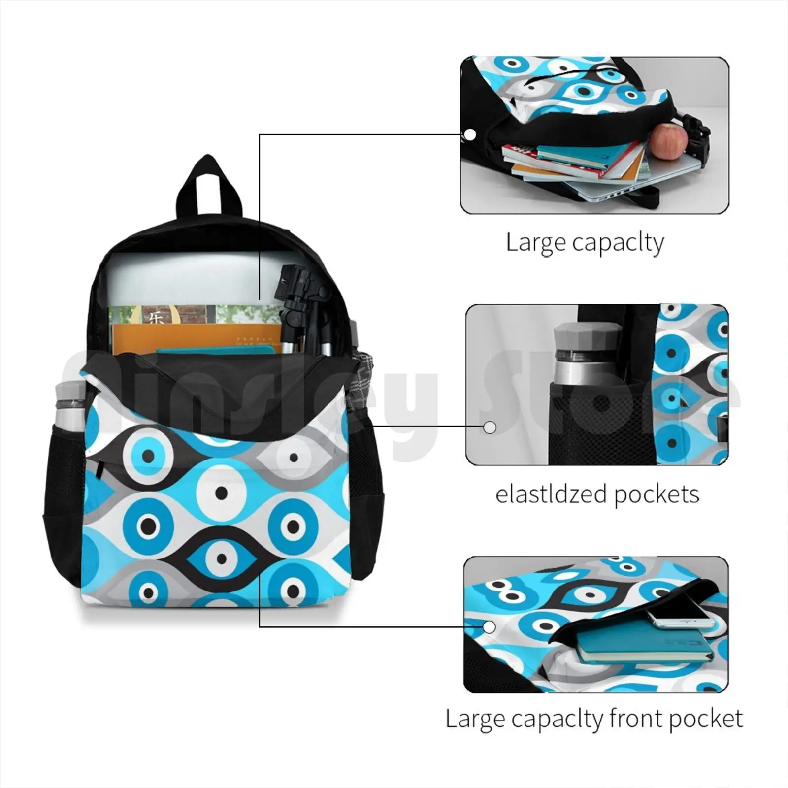 Grieks boze oogpatroon Blues en grays Outdoor wandelrugzak Waterdicht Kamperen Reizen Grieks Mati Mati Mataki Matiasma Grieks