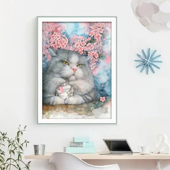 Needlework DIY Cross Stitch,Full Embroidery Kit,Fat Cat Sakura Cherry Flower Printed Pattern Cross Stitch Handwork Painting Gift