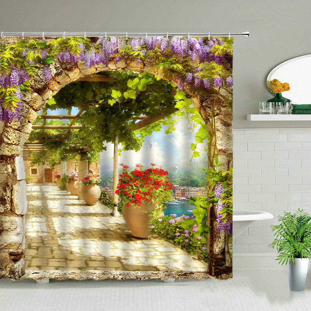 Window Outside Forest Bridge Spring Landscape Creativity Shower Curtain Zen Stone Tree Building Scenery Cloth Curtains With Hook