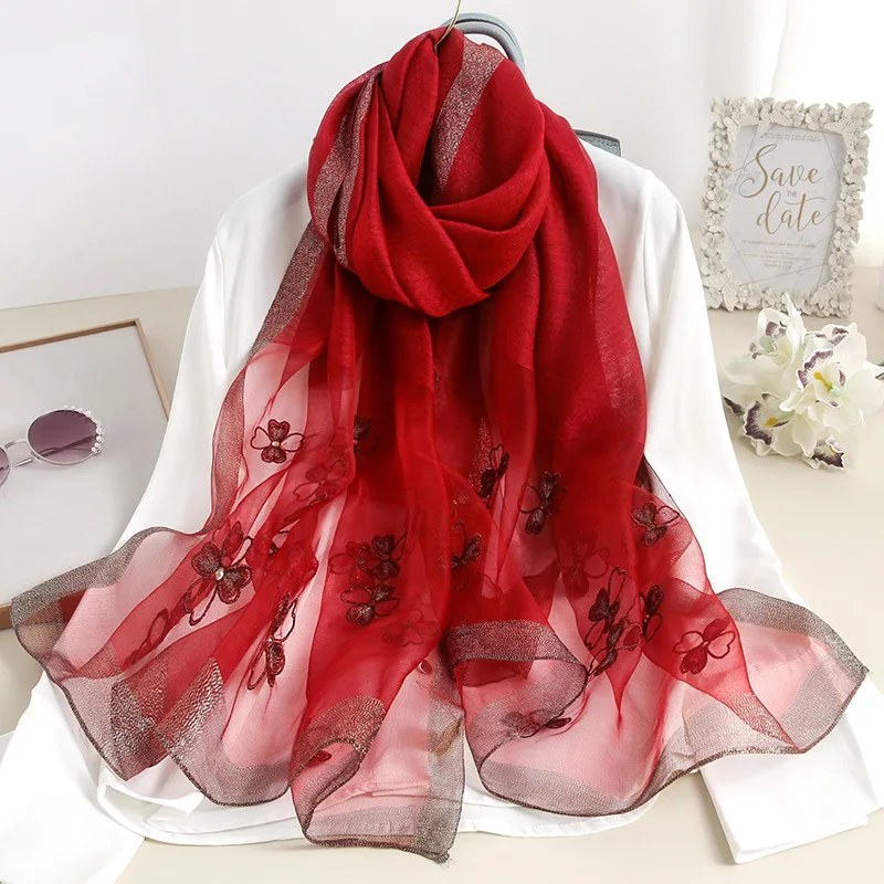 Summer Light Thin silk wool Scarf Female Long Shawl Women Sunscreen bandana Floral Embroidery Mori Girl 2022 scarves soft stoles