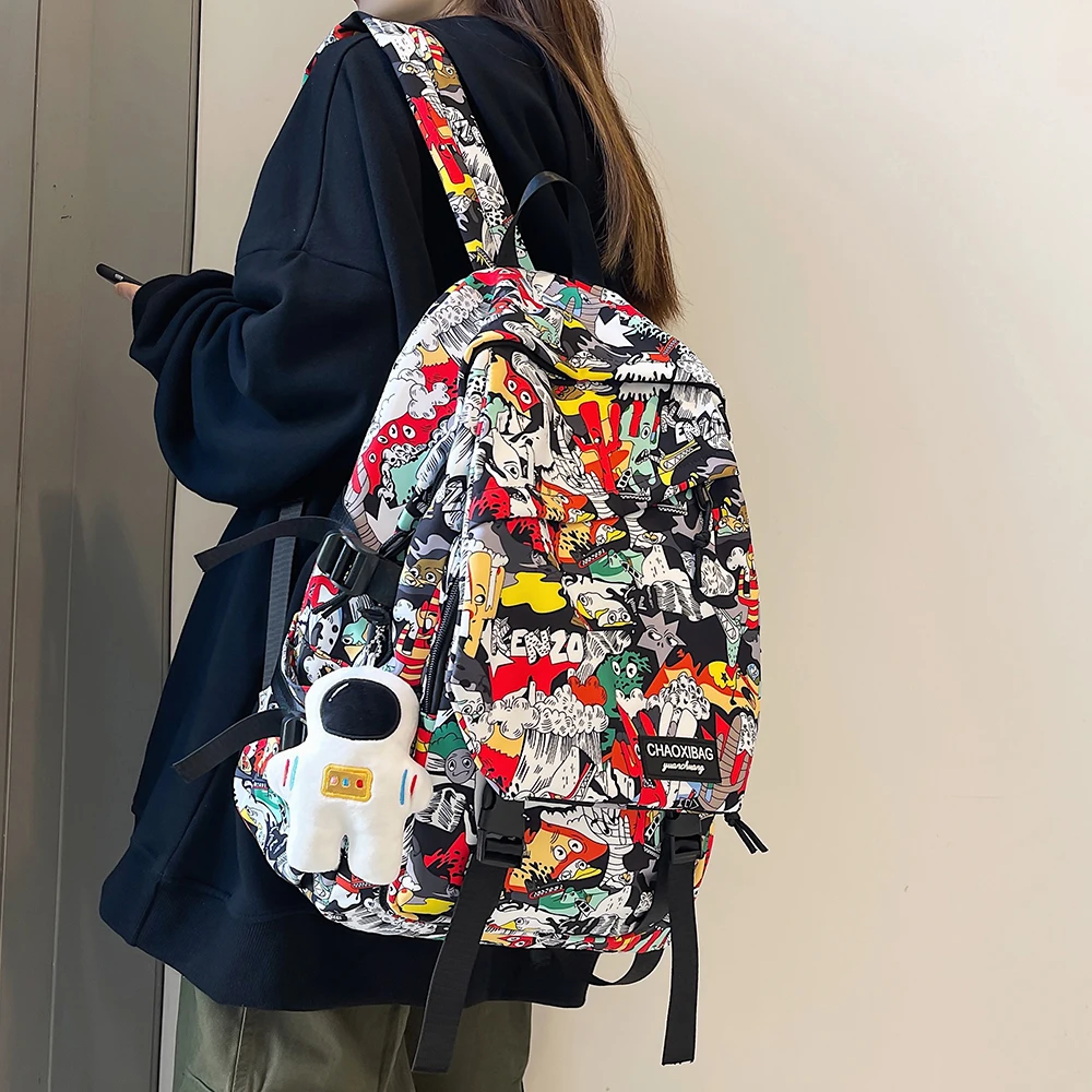 Harajuku Girl Male School Bag Female Graffiti Print Men Backpack Women Book Boy Bag Nylon Ladies Fashion Laptop Backpack Student