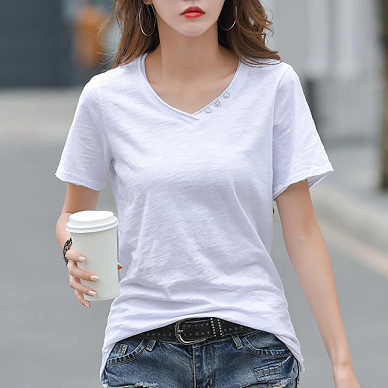 

Cotton Tee Shirt Short Sleeve Summer T Shirt Women 2022 Korean Fashion Clothes T-Shirts Button Loose Casual White V-Neck Tops