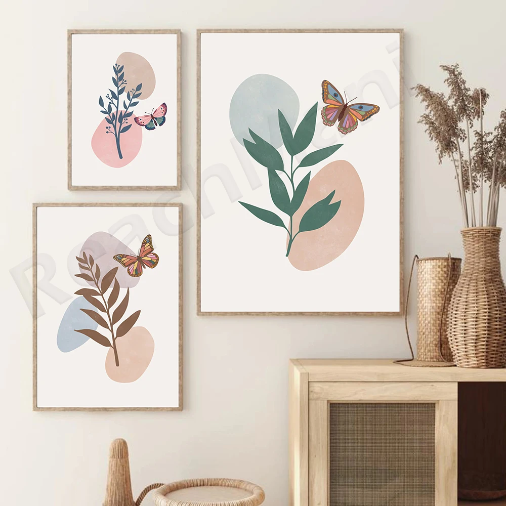 Abstract Botanical Prints, Butterfly Printable Wall Art, Pastel Abstract Floral Prints, Minimal Gallery Wall