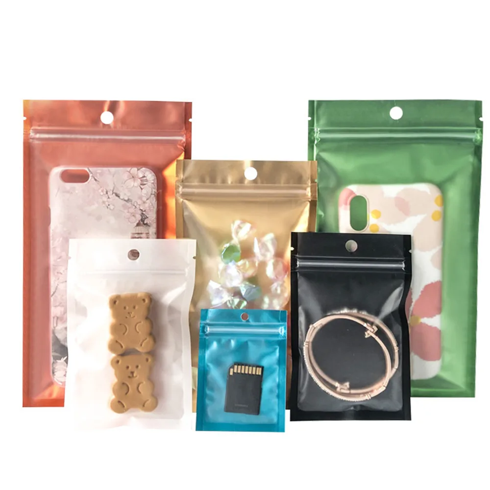 

100Pcs Zip Lock Clear Colorful Plastic Bag with Hang Hole Zipper Seal Tear Notch Reclosable Food Snack Storage Packaging Pouches