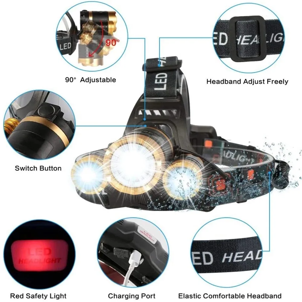 8000LM Powerful LED Headlight Headlamp 5/3 T6 Zoom High Power Rechargeable Lantern Flashlight Torch Head Llight By 18650