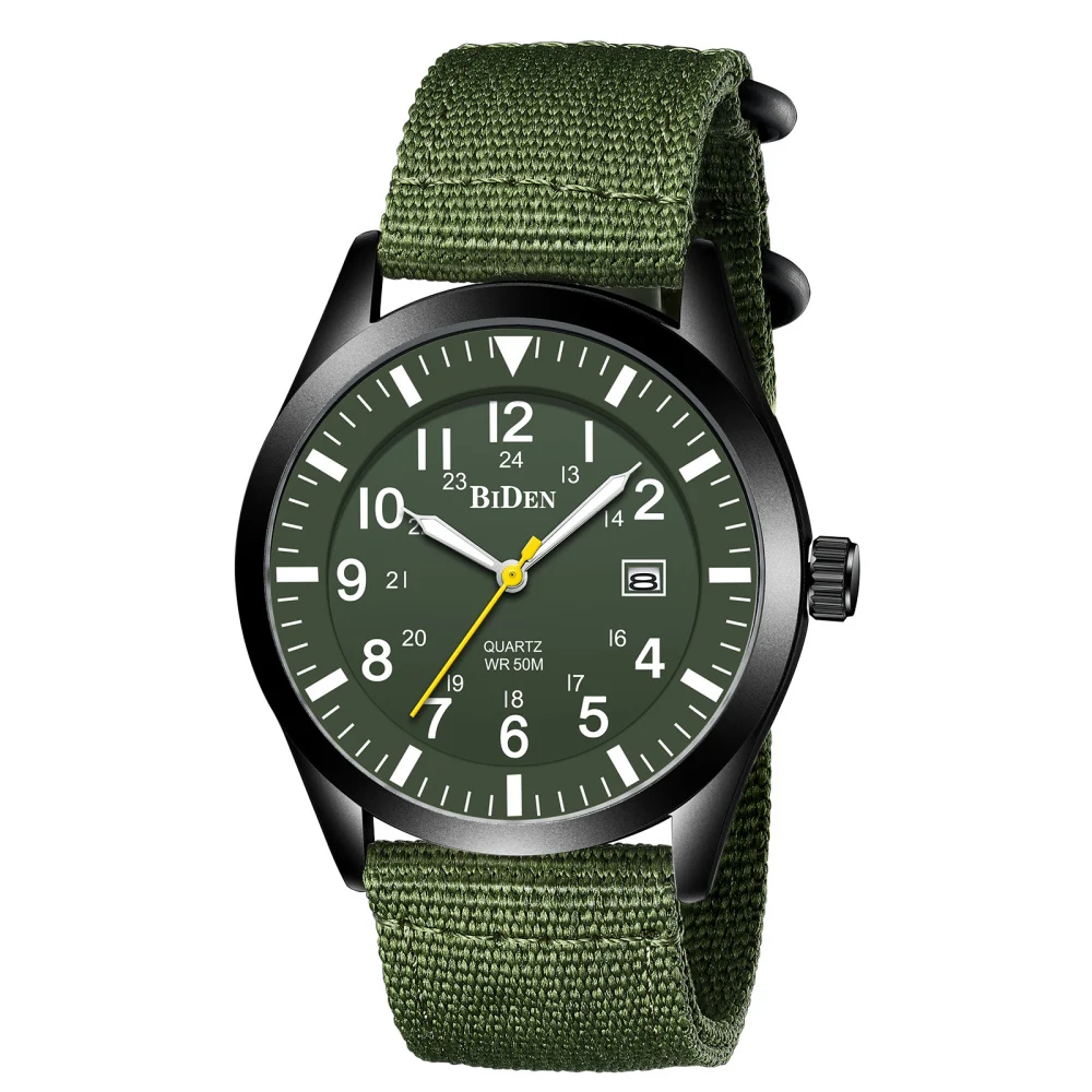 Military Sports Men\'s Watch Army Green Quartz Male Clock Automatic Date Nylon Strap Dual Digital Dial Waterproof Outdoor Casual