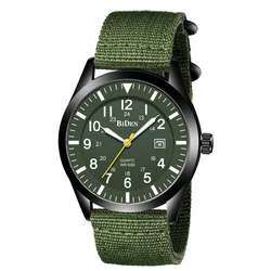 Military Sports Men's Watch Army Green Quartz Male Clock Automatic Date Nylon Strap Dual Digital Dial Waterproof Outdoor Casual