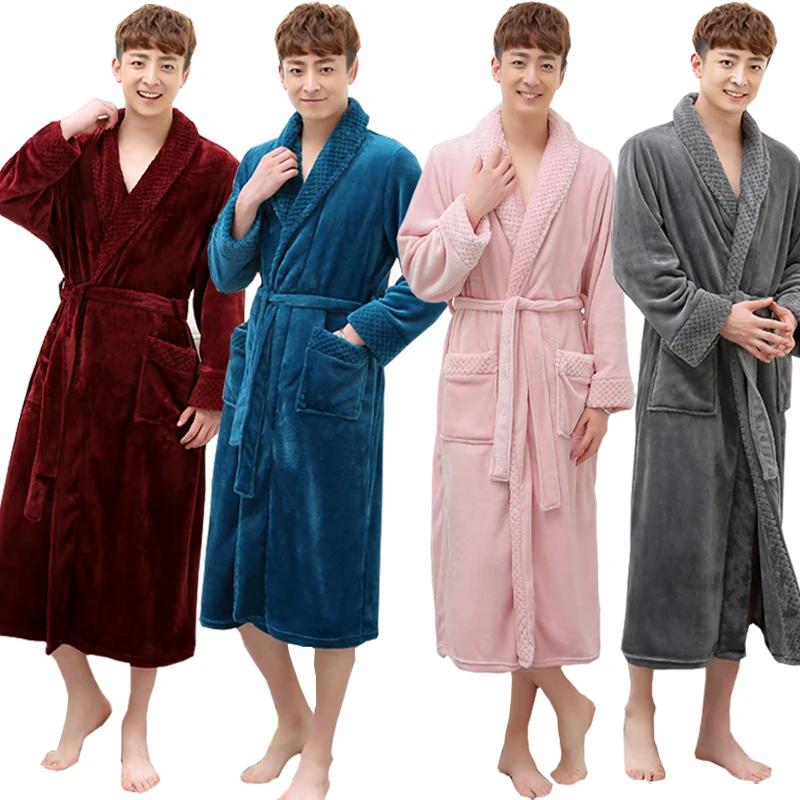 

Hot Selling Men Women Super Soft Winter Long Warm Coral Flannel Bath Robe Mens Kimono Bathrobe Male Dressing Gown Lovers Robes