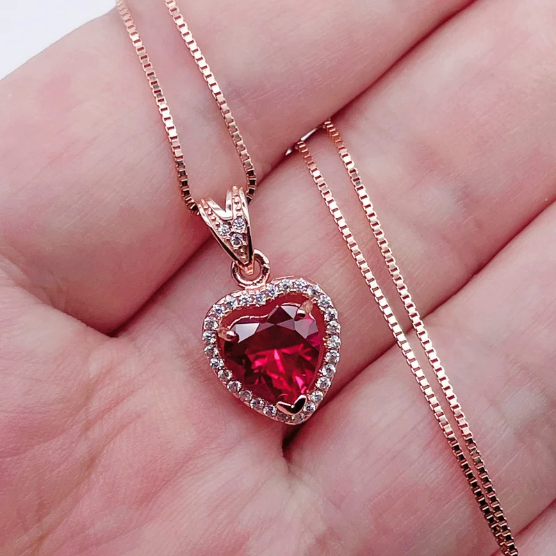 Real Laboratory Growth Ruby Necklace Pendant Heart-shaped Cut Ruby Jewelry Set For Women Bridal S925 Sterling Silver Rose Gold