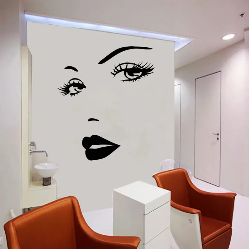 

Beauty Salon Sign Beautiful Woman Face Wall Sticker Vinyl Interior Decor Mural Eye Lashes Lips Decals Removable Wallpaper 4696