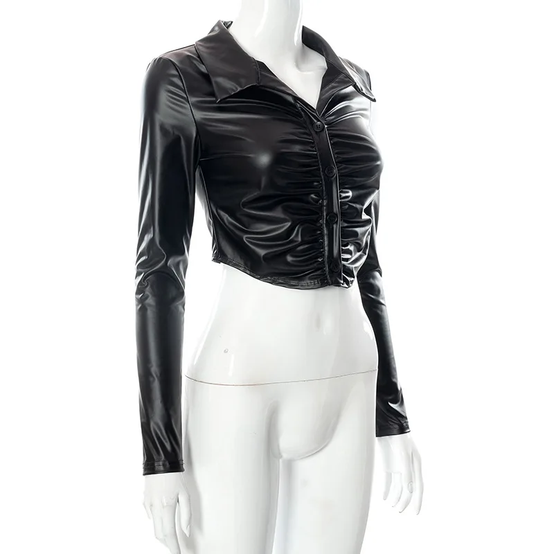 Faux Leather czarna koszula kobiety plisowana krótki Top kobieta 2021 koszula z guzikami w stylu Vintage z długim rękawem bluzka typu Slim