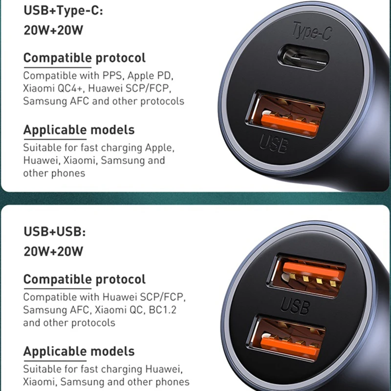 Baseus 40W Dual Quick Charger PD 20W Fast Car Phone Charger QC SCP FCP Fast Charging Type C Charger for iPhone 12 For Samsung