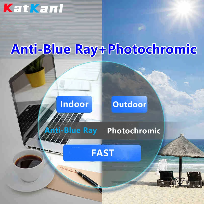 KatKani 1.56/1.61/1.67/1.74 Photochromic And Anti-Blue Light Aspherical Lens Chameleon Myopia/Hyperopia/Prescription Lens 1 Pair