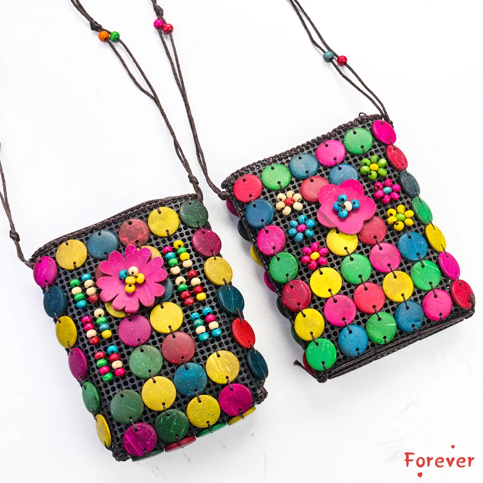 Coconut Shell Bag Female Shoulder Backpack Mobile Phone Change Jewelry Bag Bohemian Beaded Bag Decoration Crafts Storage Bag