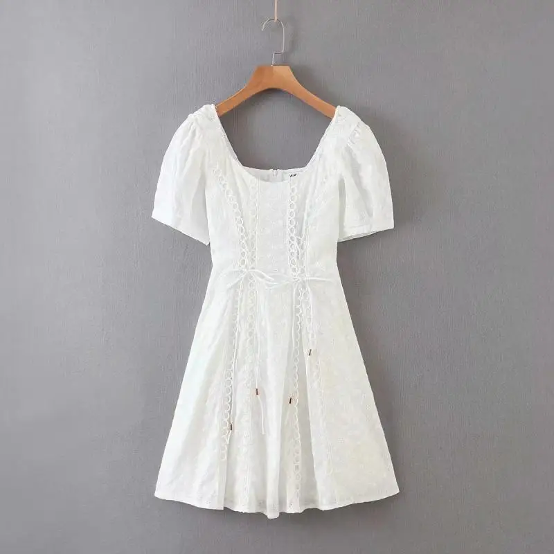 White lace embriodery summer beach dress women elegant hollow out lace up short dress off shoulder puff sleeve sheer dress 2021