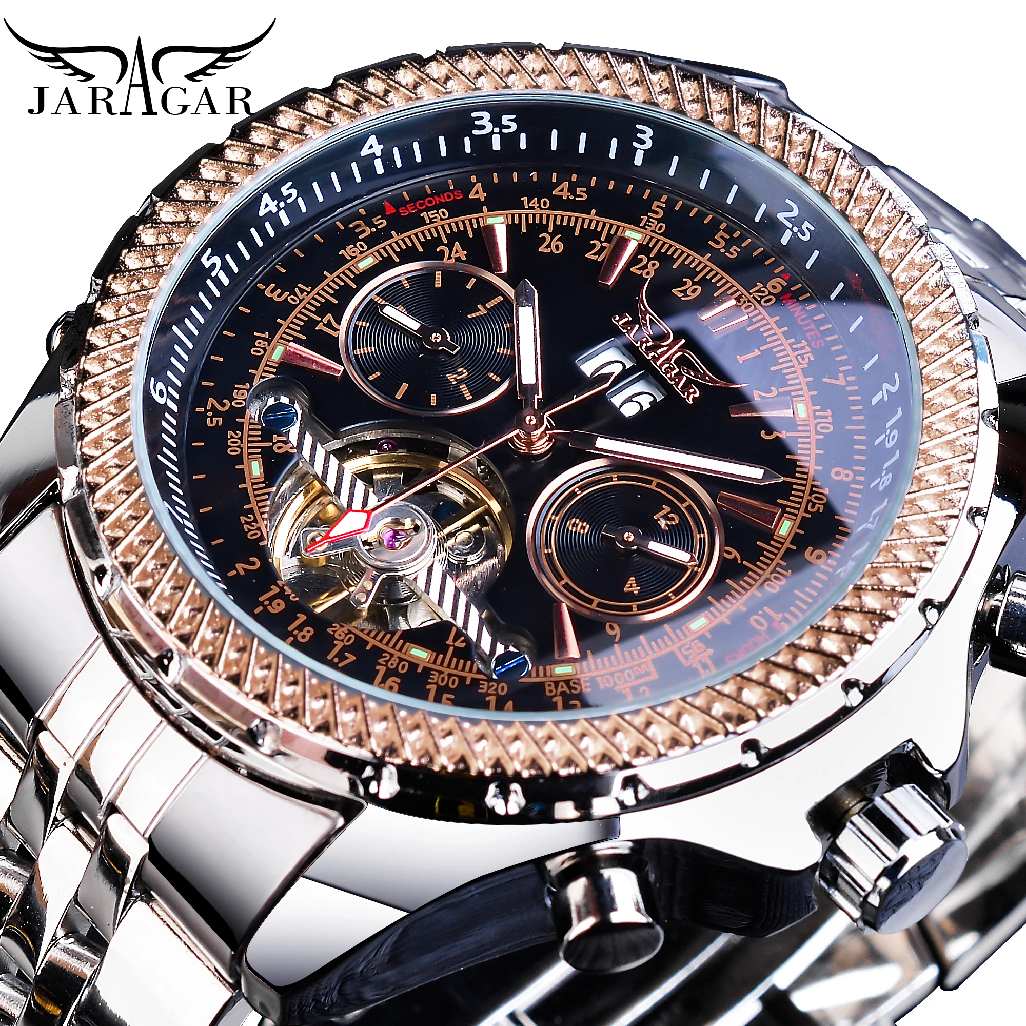 Jaragar Silver Stainless Steel Tourbillion Business Design Calendar Display Mens Mechanical Automatic Watches Top Brand Luxury