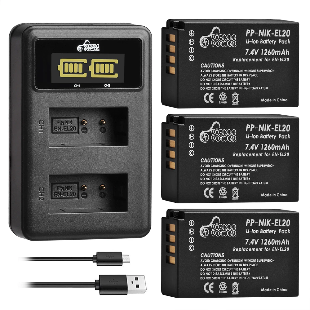 1260mAh Camera Battery EN-EL20 EN EL20 EN EL20a  LED Dual USB Charger for Nikon Coolpix P1000 Nikon1 J1, J2, J3 Nikon1 AW1