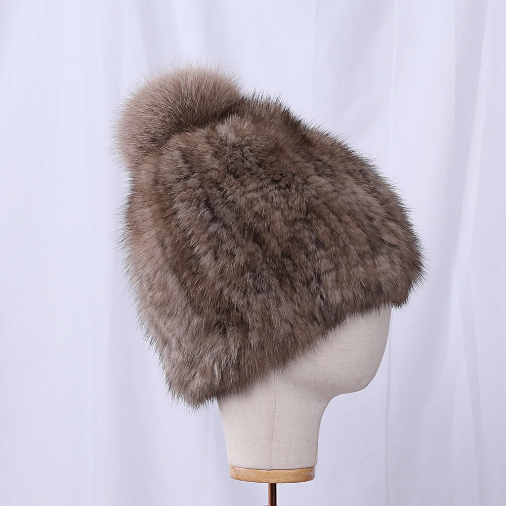 Highend Women\'s Winter Knitted 100% Real Sable Fur hat Fur Beanie Russian Mink Fur Cap With Fox Fur Pom Poms Female Warm Thick