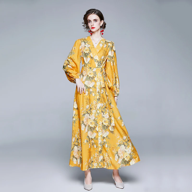 

Autumn Bohemian Holiday Floral Print Yellow Maxi Wrap Dress Women's Lantern Sleeve V-Neck Belt Vintage Beach Party Long Dress